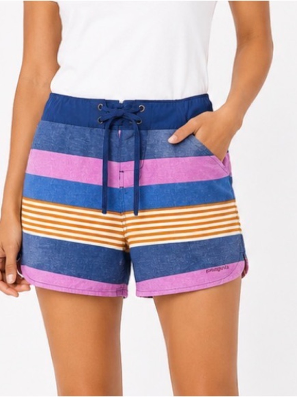 Patagonia Wavefarer Women Striped Blue &‎ Pink Swim Board Shorts Quick Dry 12
